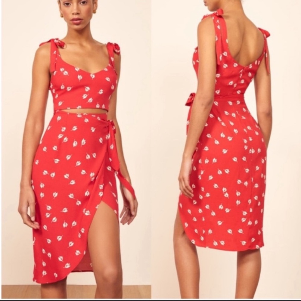 Reformation Red Floral Midi Dress with White Print